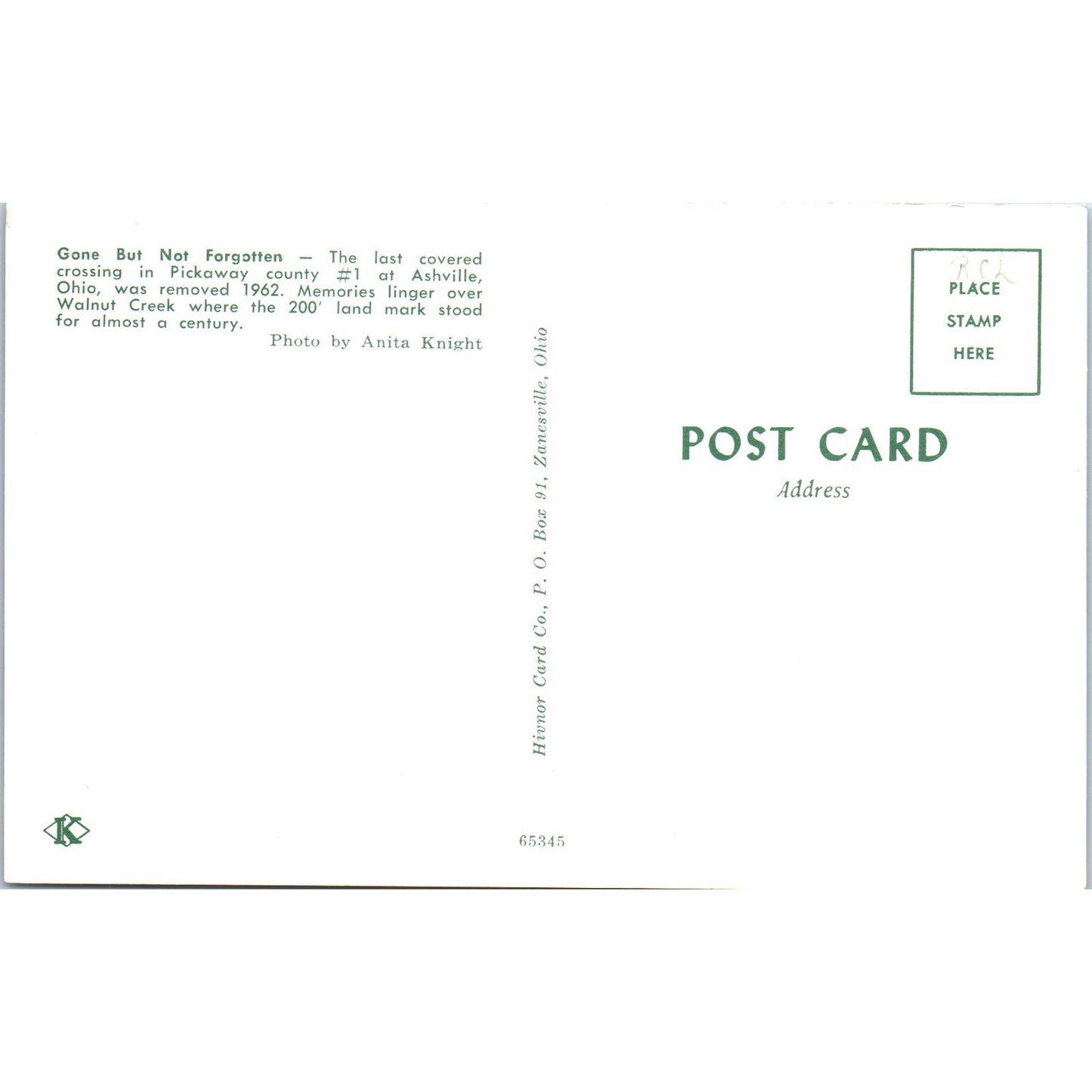 Pickaway County Walnut Creek Ashville Ohio Covered Bridge Postcard PB10