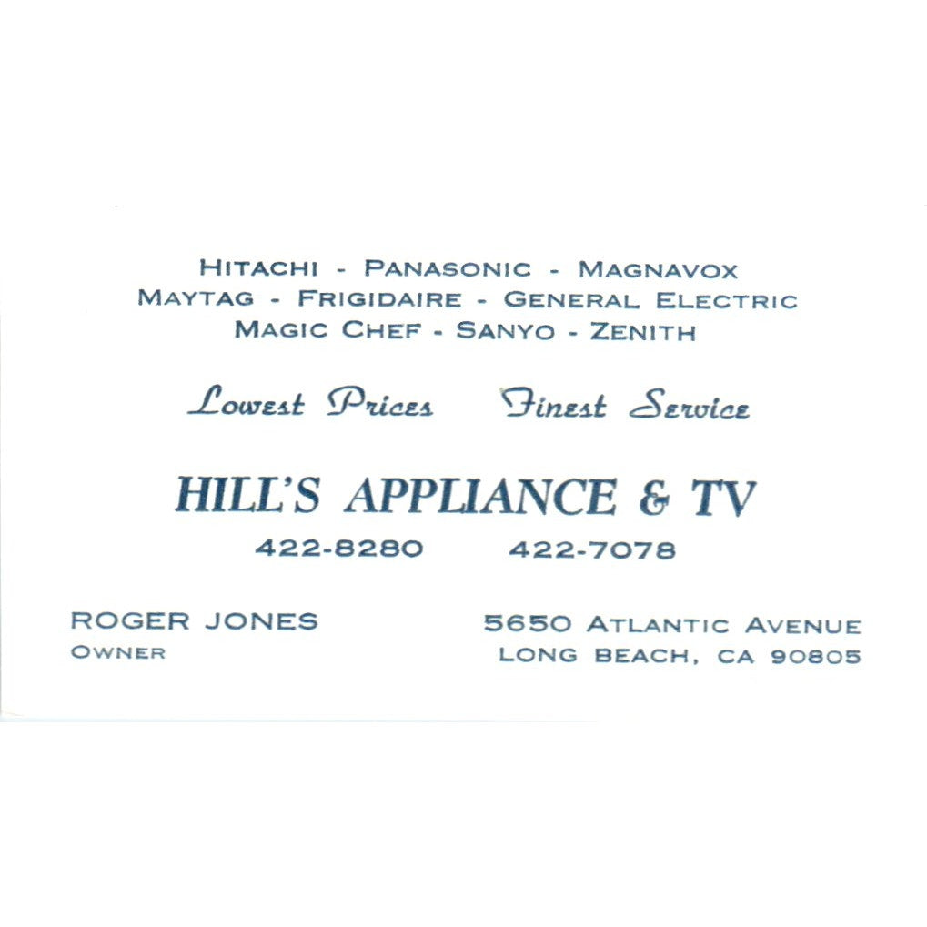 Hill's Appliance & TV Roger Jones Long Beach CA Vintage Business Card SD8-B13