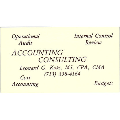 Leonard G Katz Accounting CPA Houston TX Vintage Business Card SD9-B1