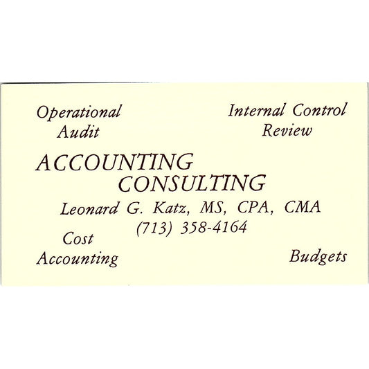 Leonard G Katz Accounting CPA Houston TX Vintage Business Card SD9-B1