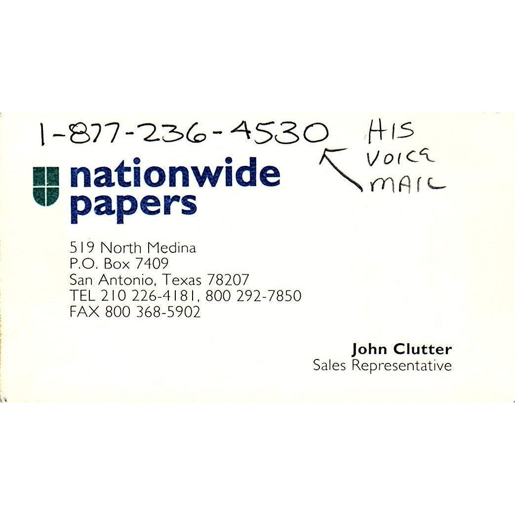 John Clutter Nationwide Papers San Antonio TX Vintage Business Card SC9-B11