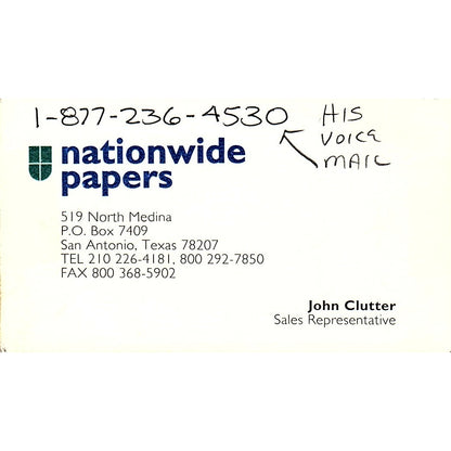 John Clutter Nationwide Papers San Antonio TX Vintage Business Card SC9-B11