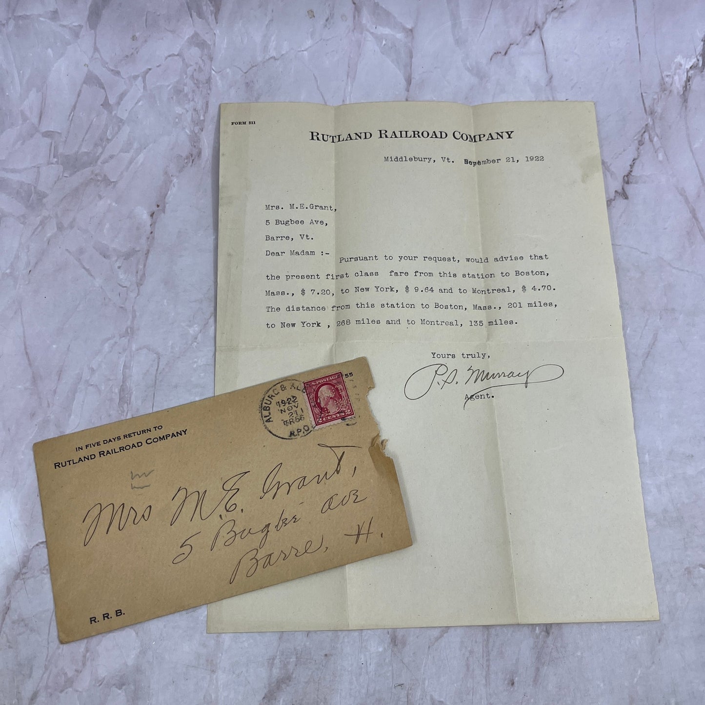 1922 Rutland Railroad Company Middlebury VT Envelope, Letterhead TH2-Y1