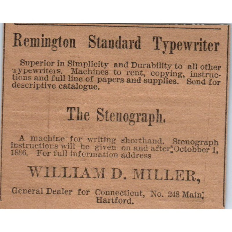 Remington Typewriter Stenograph William D. Miller Hartford 1886 Ad AF7-E5