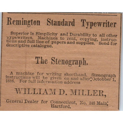 Remington Typewriter Stenograph William D. Miller Hartford 1886 Ad AF7-E5