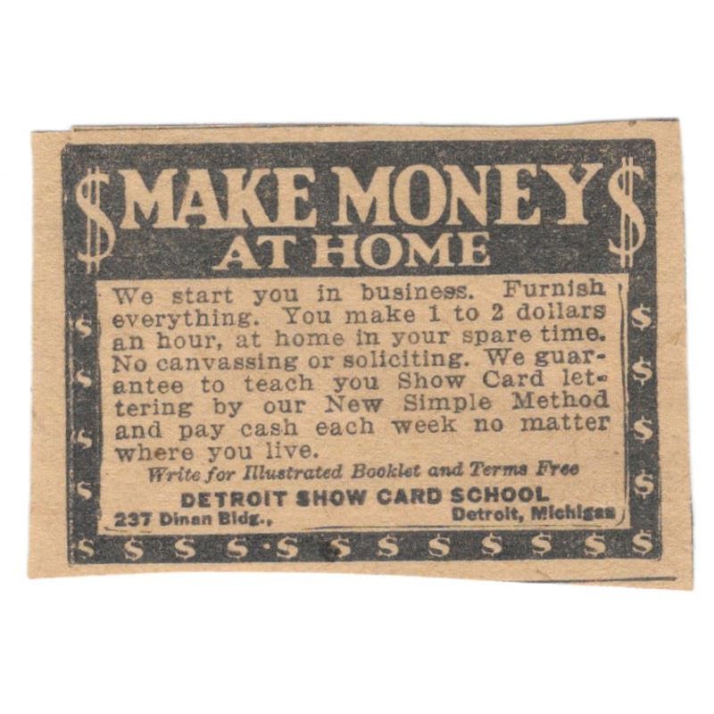 Detroit Show Card School Make Money at Home 1923 Magazine Ad Clip AE1-6