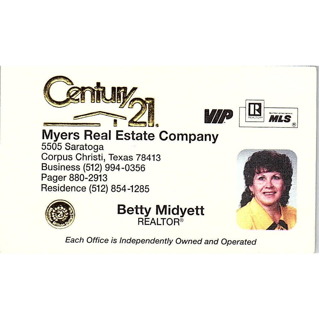 Betty Midyett Myers Real Estate Century 21 Corpus Christi Business Card SC9-B1