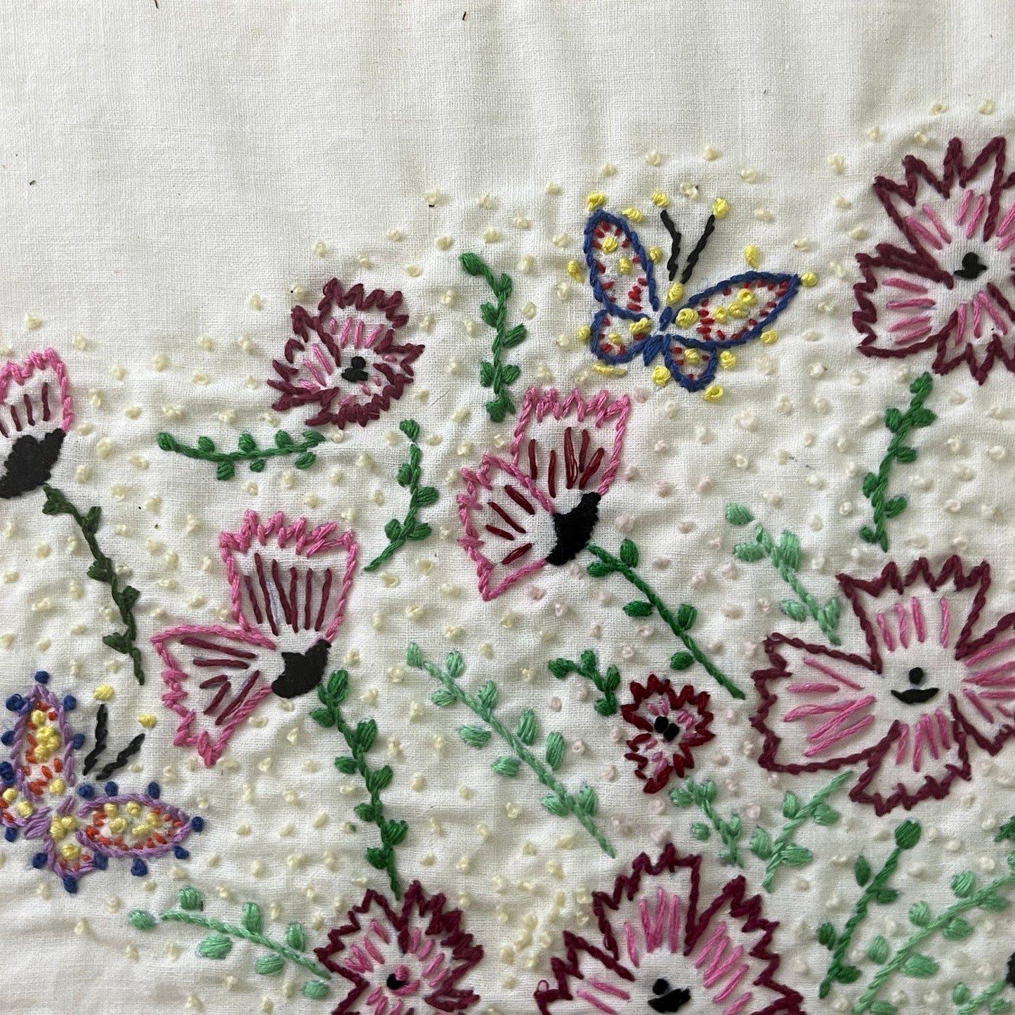 Vtg Framed Needlework Crewel Wool Embroidered Basket of Flowers Floral 15x15"