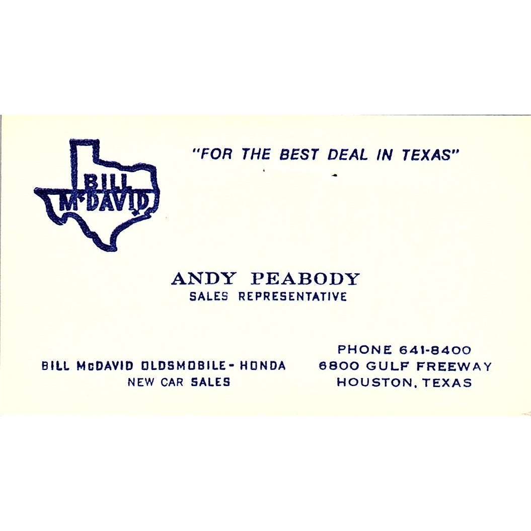 Andy Peabody Bill McDavid Oldsmobile Honda Houston Vintage Business Card SD9-B6