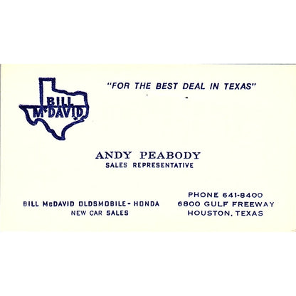 Andy Peabody Bill McDavid Oldsmobile Honda Houston Vintage Business Card SD9-B6