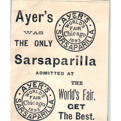 Ayer's Was the Only Sarsaparilla at 1893 World's Fair Chicago 1894 Ad AB6-SM2