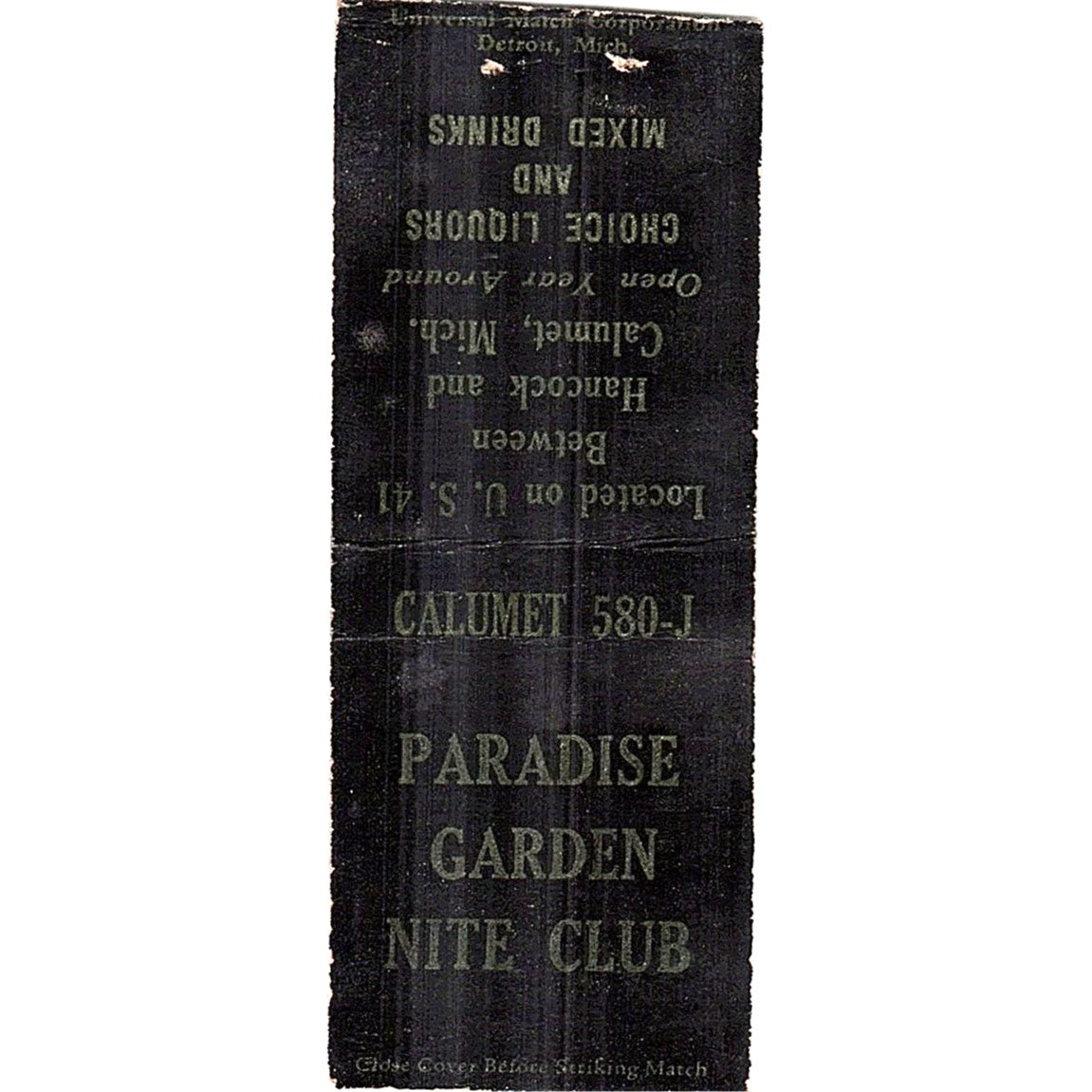 Paradise Garden Nite Club Hancock Calumet MI Vintage Matchbook Cover SC7-Y11