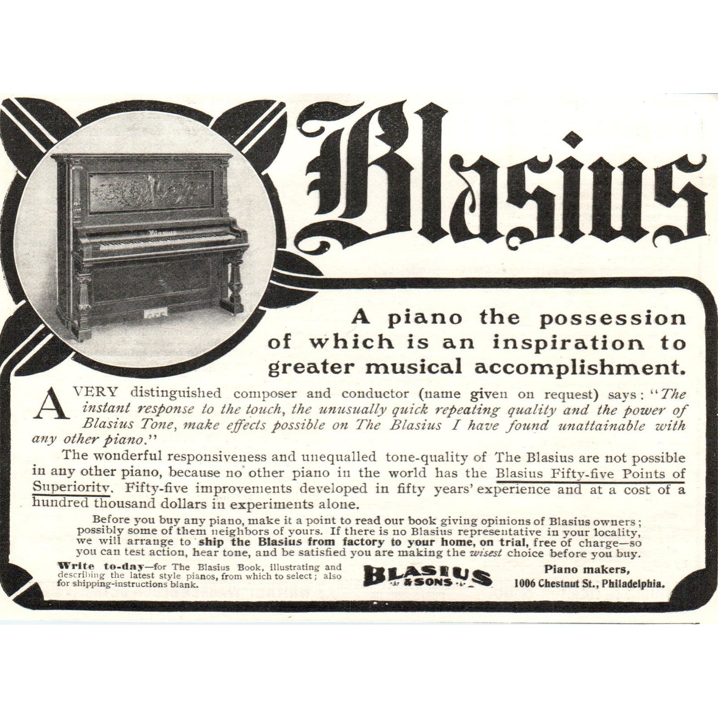 Blasius & Sons Pianos Philadelphia c1905 Original Magazine Advertisement AE7-A3
