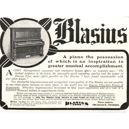 Blasius & Sons Pianos Philadelphia c1905 Original Magazine Advertisement AE7-A3