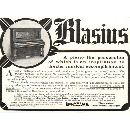 Blasius & Sons Pianos Philadelphia c1905 Original Magazine Advertisement AE7-A3
