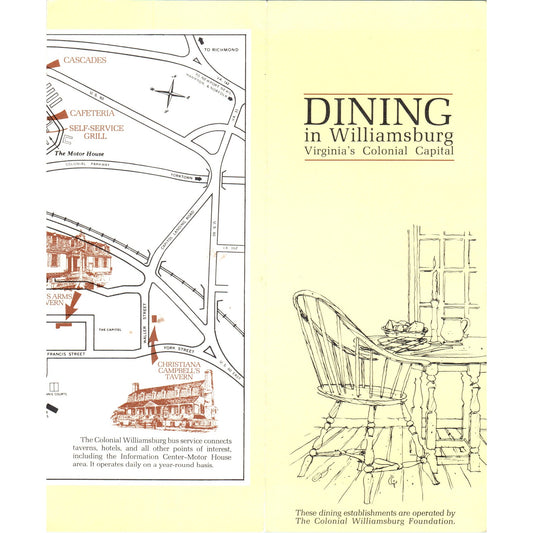 1970s Dining in Williamsburg Virginia Fold Out Map and Brochure TF4-BC