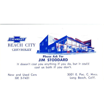 Jim Stoddard Beach City Chevrolet Long Beach CA Vintage Business Card SE3-B7