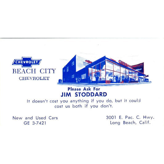 Jim Stoddard Beach City Chevrolet Long Beach CA Vintage Business Card SE3-B7