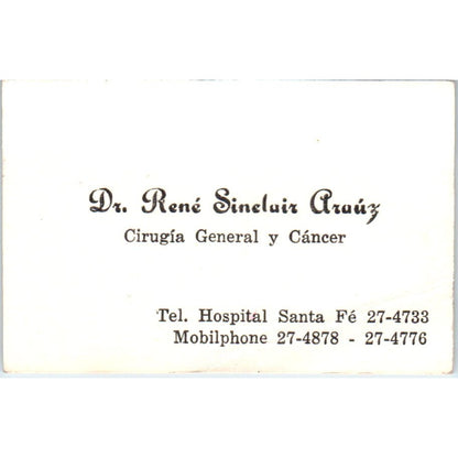 Dr. René Sinclair Araúx Cirugia General y Cancer Vintage Business Card SD8-B16