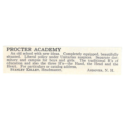 Procter Academy Stanley Kelley Andover NH 1924 Magazine Ad AD8-O7