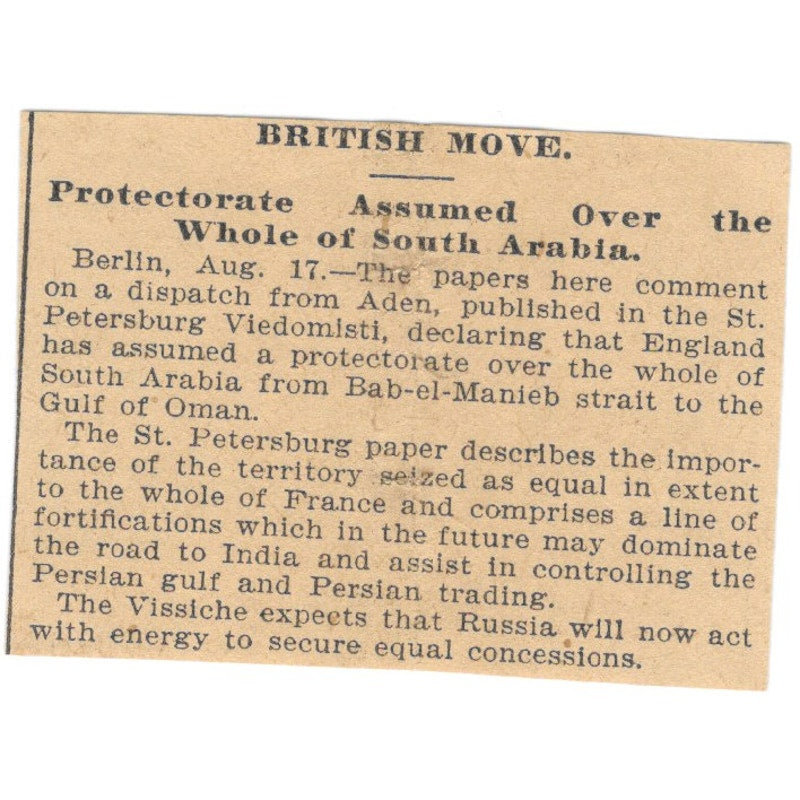 Britain Assumes Protectorate Over South Arabia 1898 Newspaper Ad AF2-S5