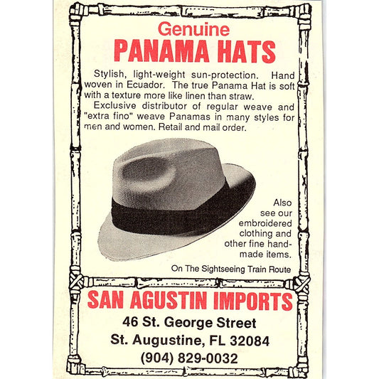 San Agustin Imports Genuine Panama Hats St. Augustine FL 1989 Ad AF9-13