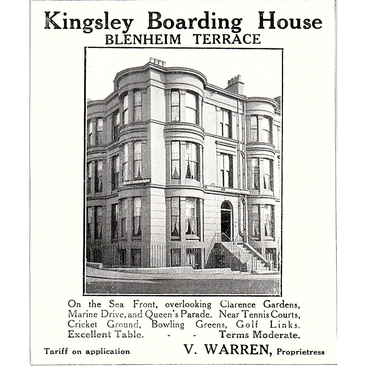 Kingsley Boarding House Blenheim Terrace V. Warren Scarborough c1910 Ad AF3-Q3