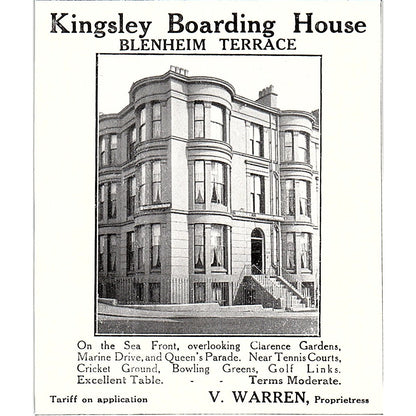 Kingsley Boarding House Blenheim Terrace V. Warren Scarborough c1910 Ad AF3-Q3