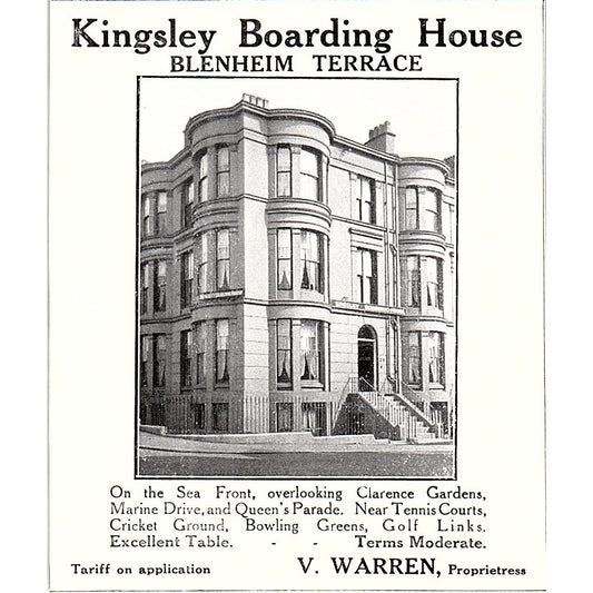Kingsley Boarding House Blenheim Terrace V. Warren Scarborough c1910 Ad AF3-Q3