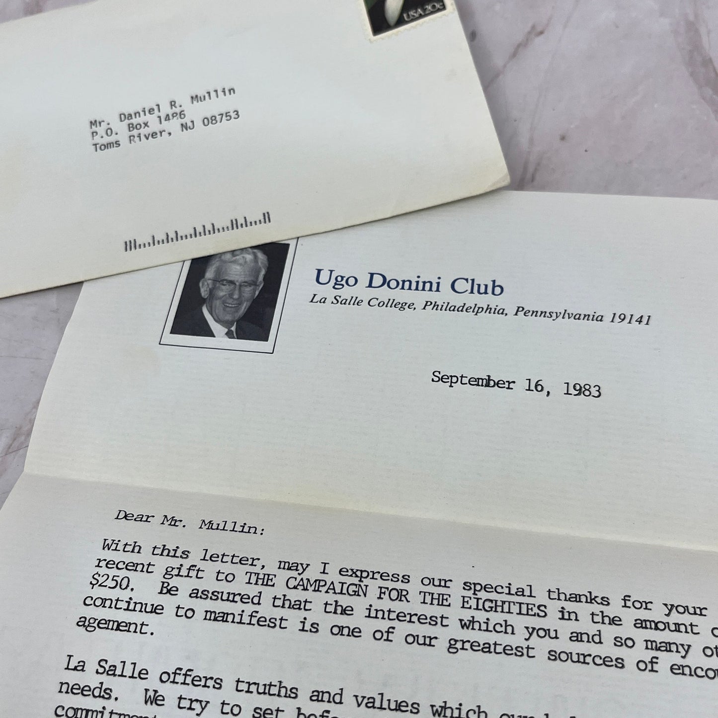 1983 Ugo Donini Club Letter to Daniel R. Mullin Toms River Postal Cover Ai5-PCL