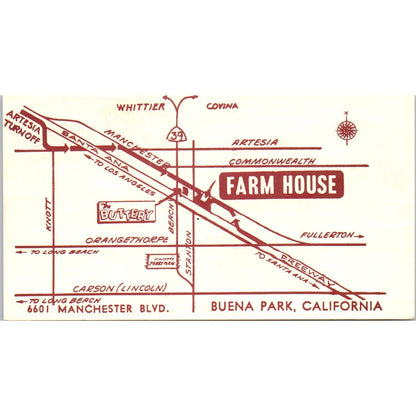 Arnold's Farm House Restaurant Buena Park CA Vintage Business Card SD8-B7