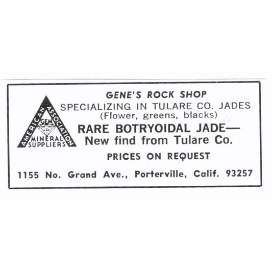 Gene's Rock Shop Rare Botryoidal Jade Porterville CA 1972 Ad AF8-S6