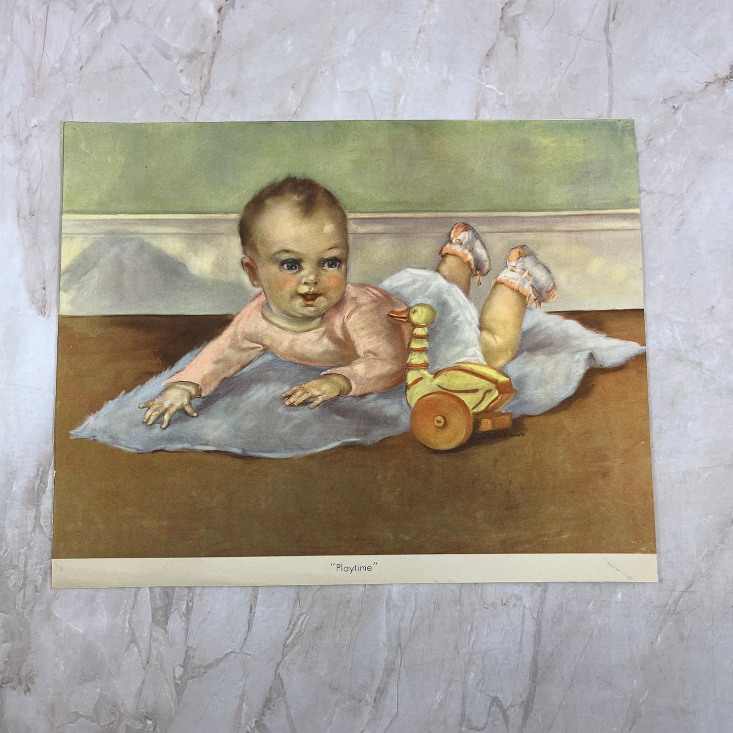 Vintage MCM Art Print Baby in Pink on Blanket "Playtime" 8x10 TI9-P4