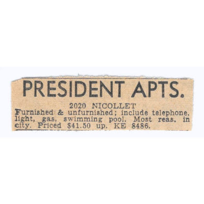 President Apartments Nicollet Ave 1935 Minneapolis Journal Advertisement AE7-H3