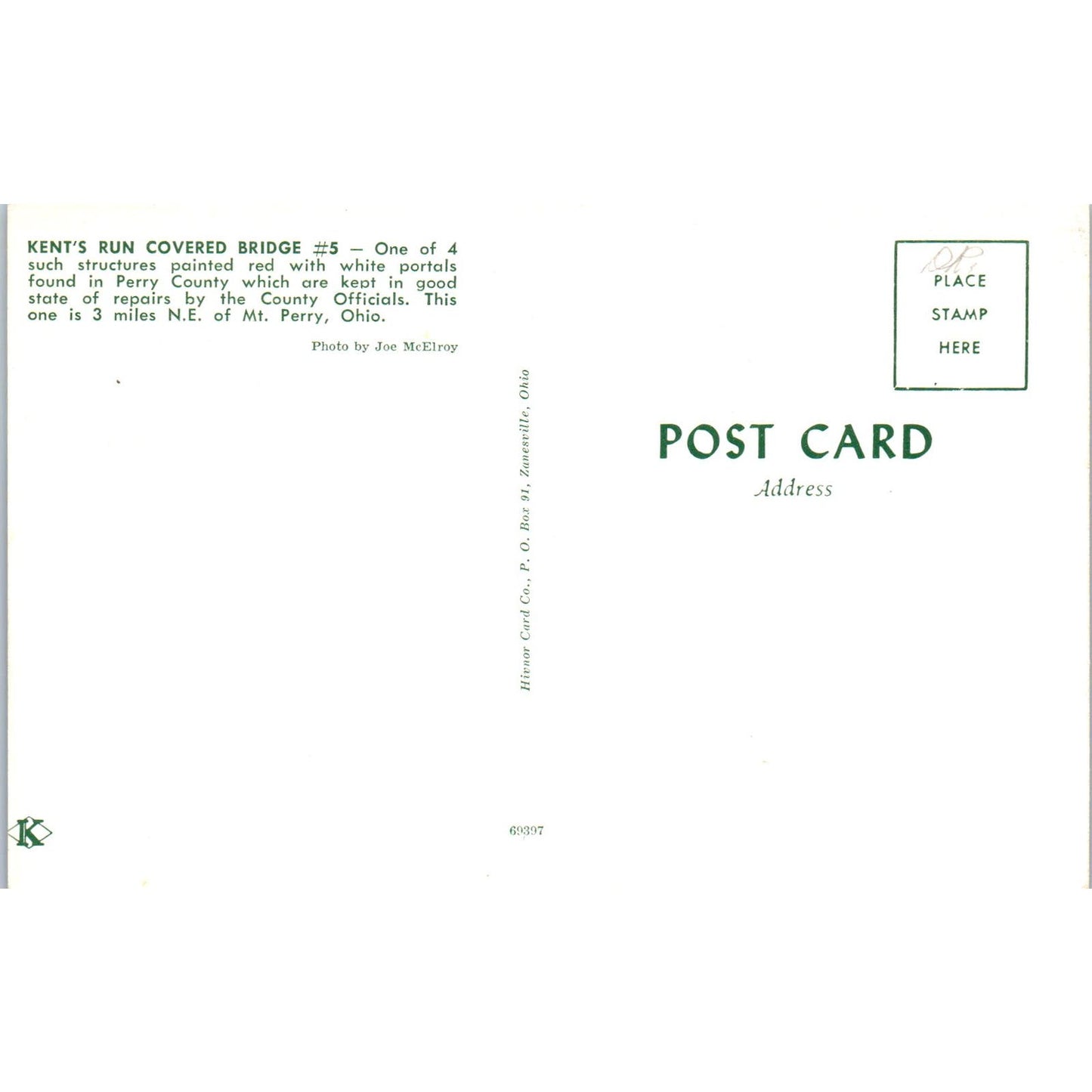 Mount Perry Ohio Kent's Run #5 Covered Bridge Postcard PC6