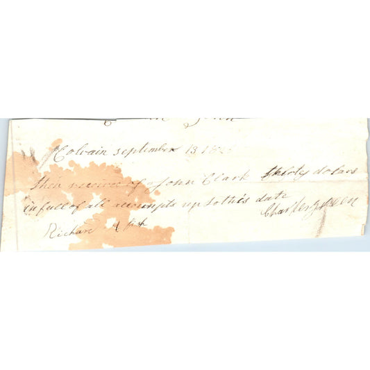 1826 Handwritten Receipt Colrain Massachusetts John Clark Richard A. Fisk AE6-14