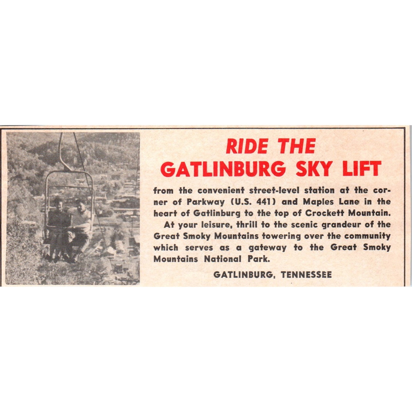 Gatlinburg Sky Lift Crockett Mountain TN 1973 Magazine Ad AD8-B9