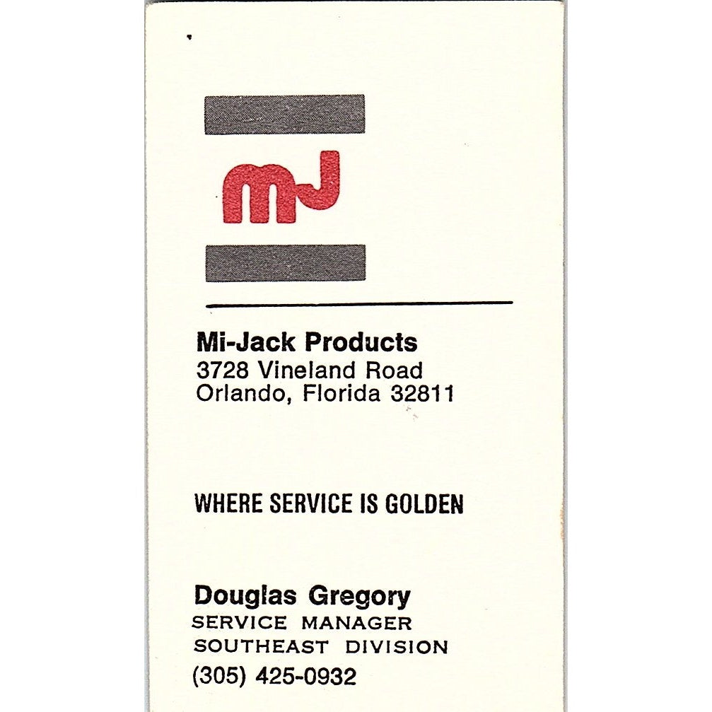 Douglas Gregory Mi-Jack Products Orlando FL Vintage Business Card SC9-B2