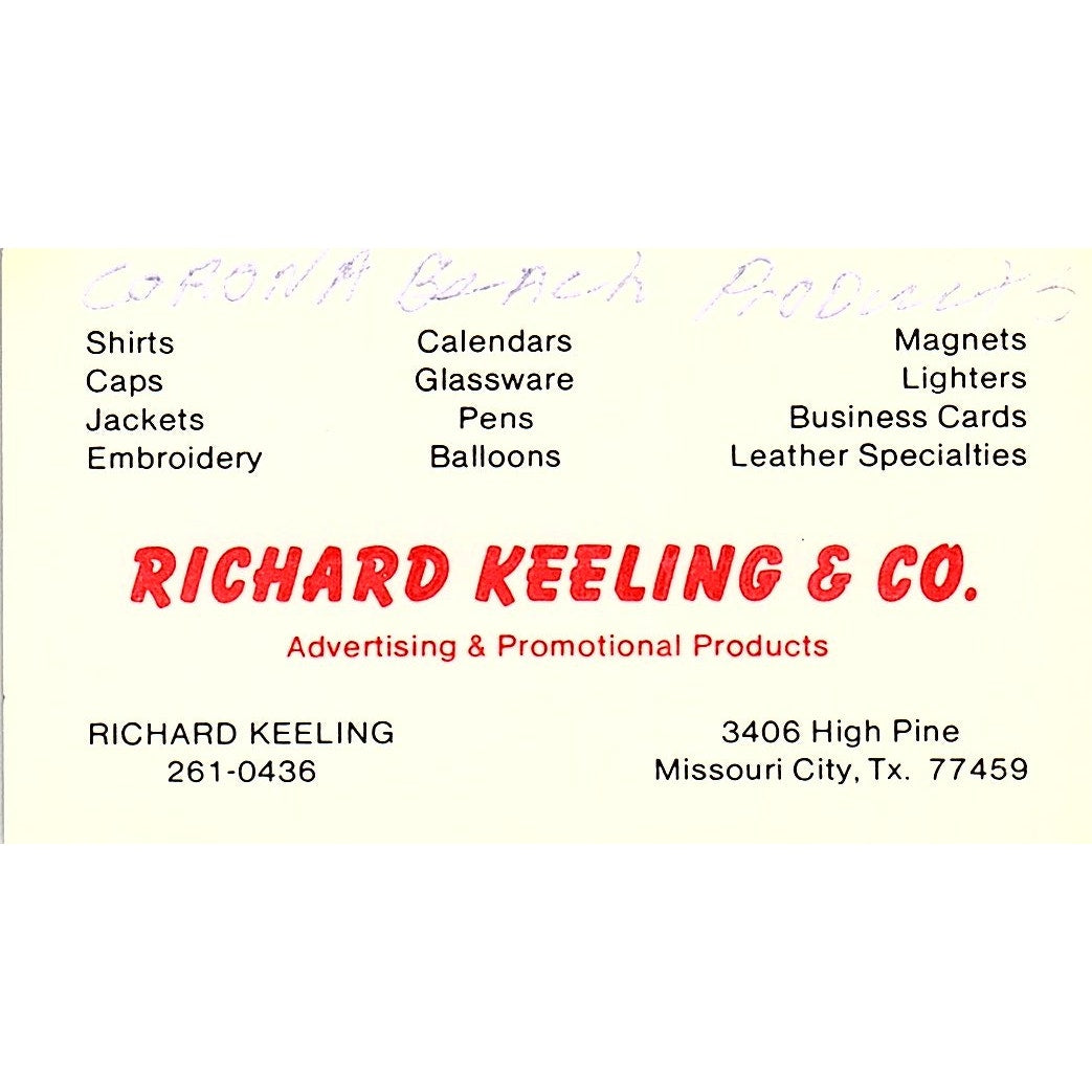 Richard Keeling & Co Missouri City TX Vintage Business Card SC9-B7