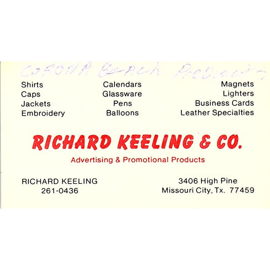 Richard Keeling & Co Missouri City TX Vintage Business Card SC9-B7