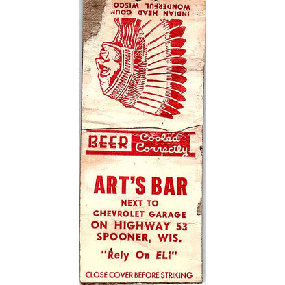 Art's Bar Indianhead County Spooner WI Vintage Matchbook Cover SC7-Y6