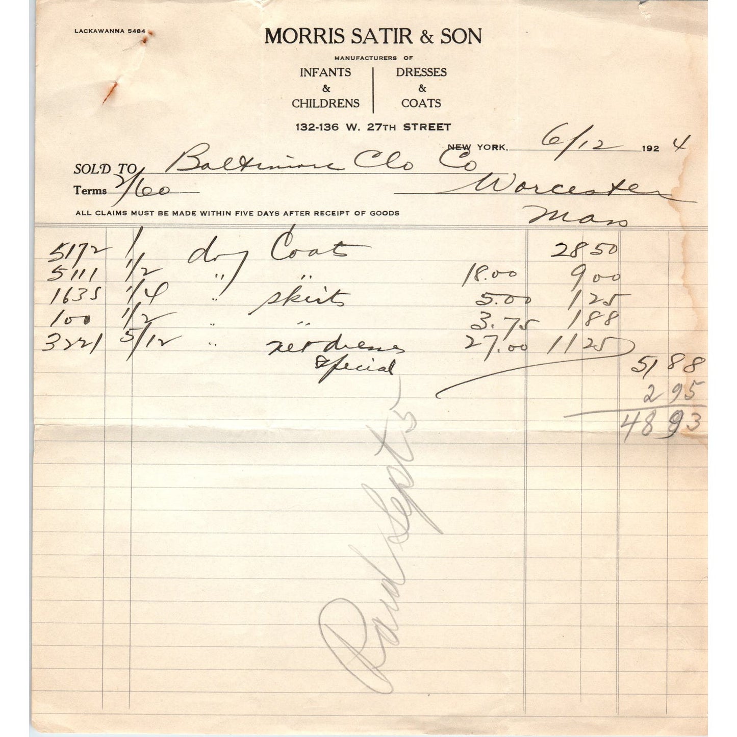 Morris Satir & Son Clothing NY 1924 Original Billhead Letterhead Receipt D8-LL