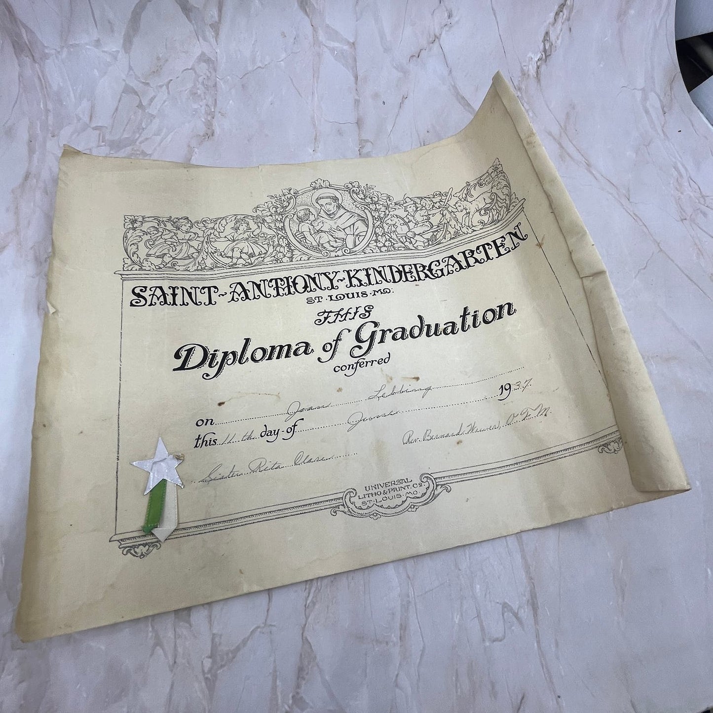 1937 St. Anthony Kindergarten Diploma of Graduation St. Louis MO List FL6-1