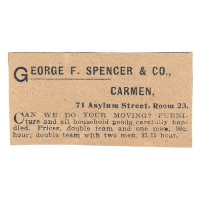 George F. Spencer & Co Moving Hartford 1901 Newspaper Ad AD8-HS8