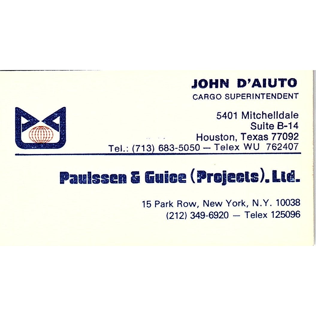 John D'Aiuto Houston Paulssen & Guice Projects Ltd Vintage Business Card SC9-B2