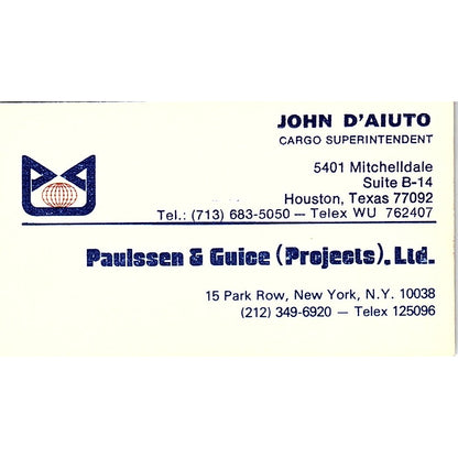 John D'Aiuto Houston Paulssen & Guice Projects Ltd Vintage Business Card SC9-B2