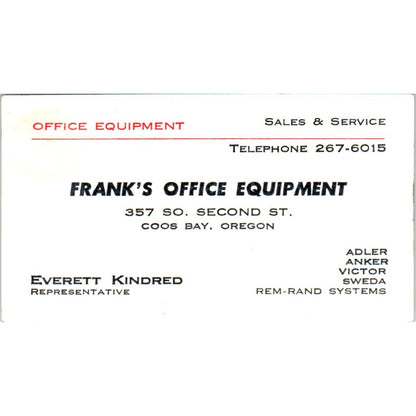 Everett Kindred Frank's Office Equipment Coos Bay Vintage Business Card SE3-B3