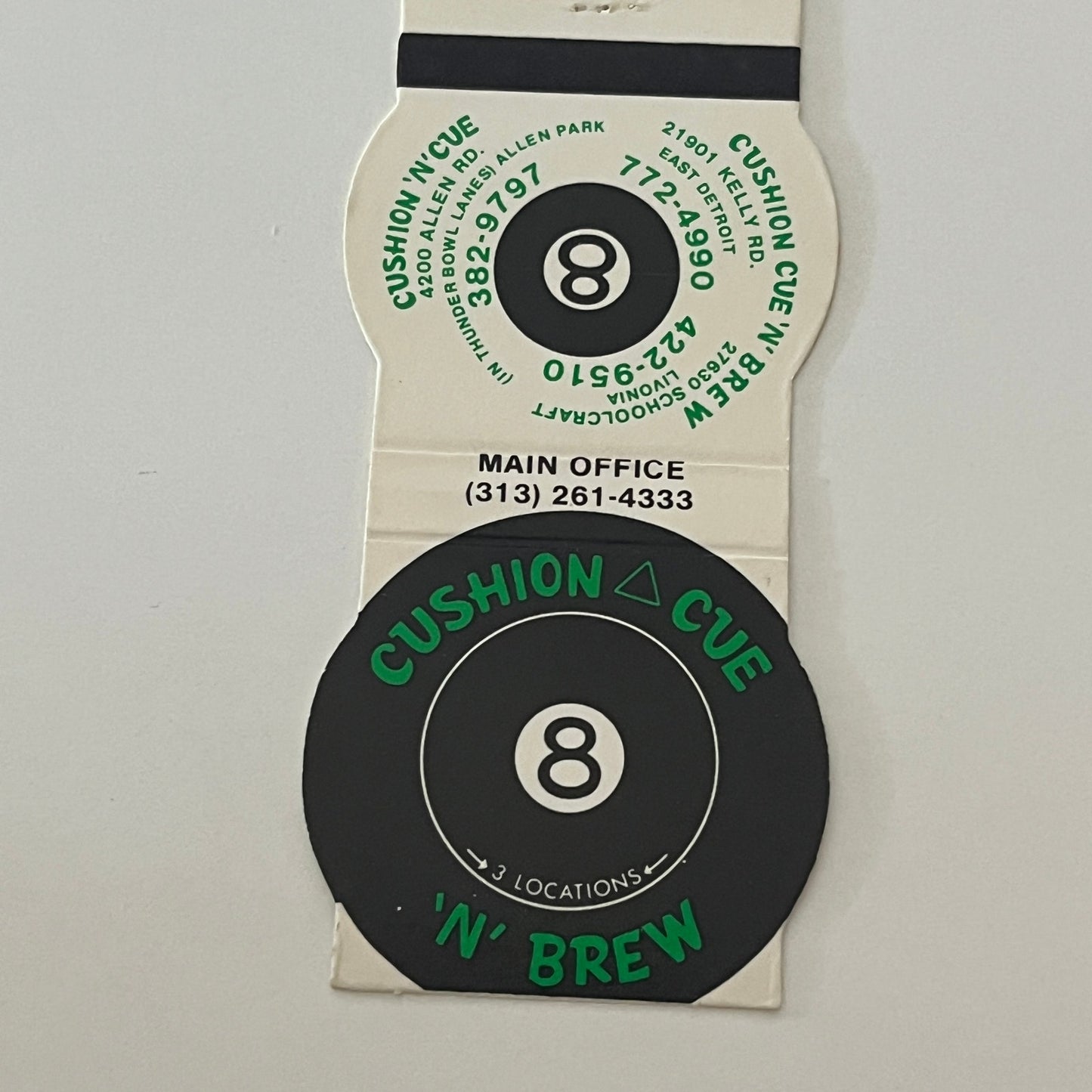 Cushion Cue 'N Brew Detroit Livonia Allen Park Matchbook Cover MM5-9