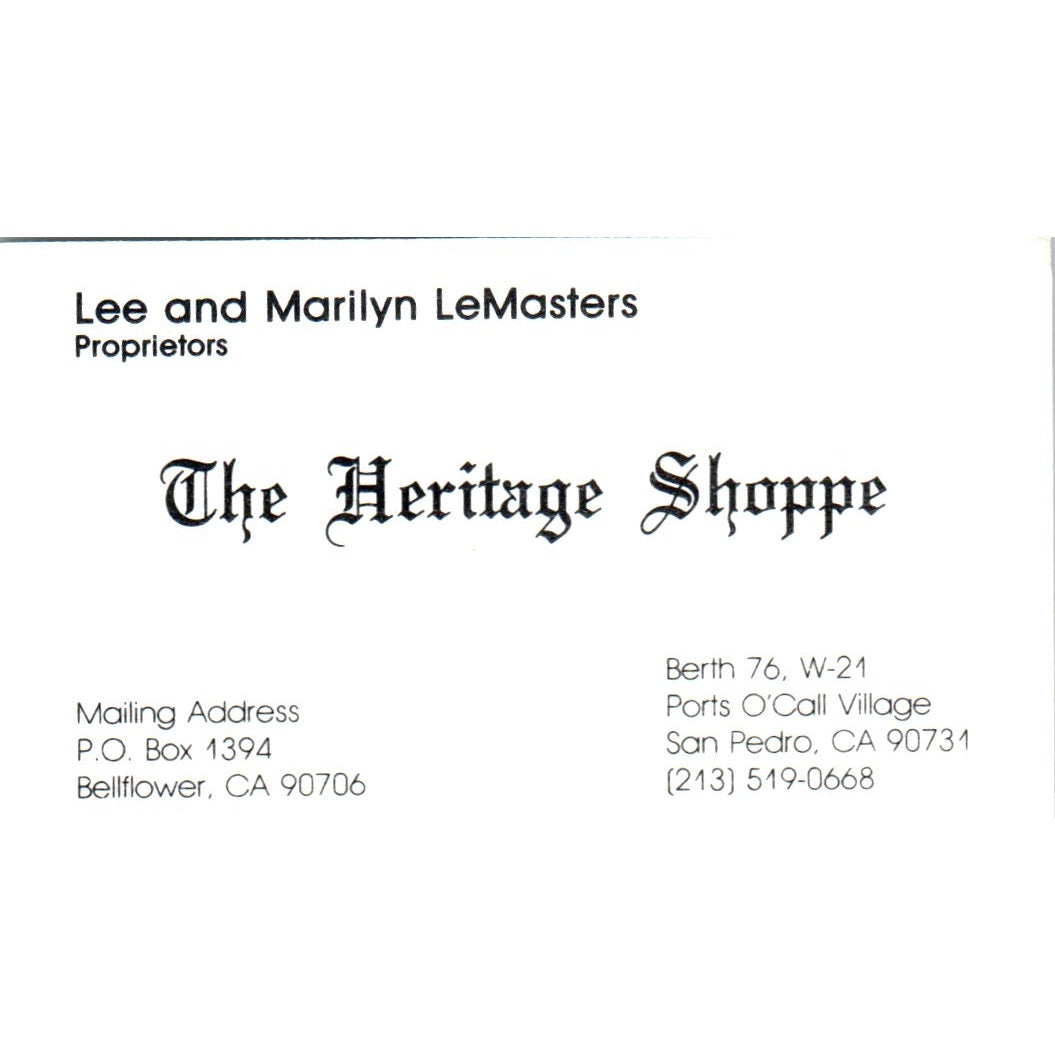 The Heritage Shoppe Lee & Marilyn LeMasters San Pedro Vtg Business Card SD8-B19