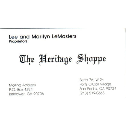 The Heritage Shoppe Lee & Marilyn LeMasters San Pedro Vtg Business Card SD8-B19